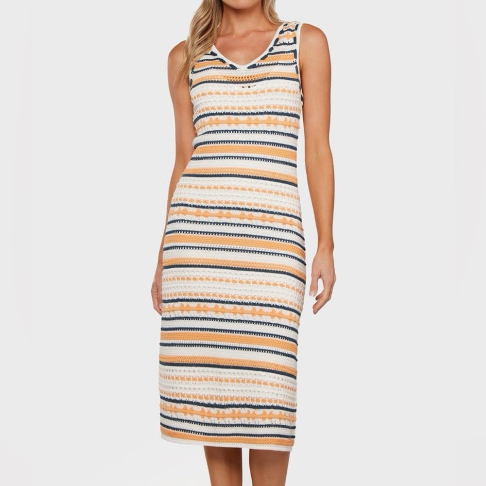 NWT • Joie • Giselle Sleeveless Striped Crochet Midi Dress • Size XL • 💙🧡🤍 • - Picture 6 of 9